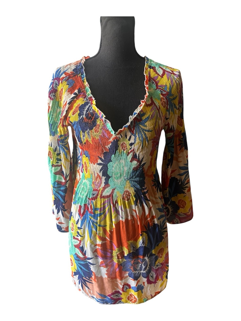 Spense Tropical Floral V-Neck Ruffle Long Sleeve Dress Tunic Size S Boho Chic